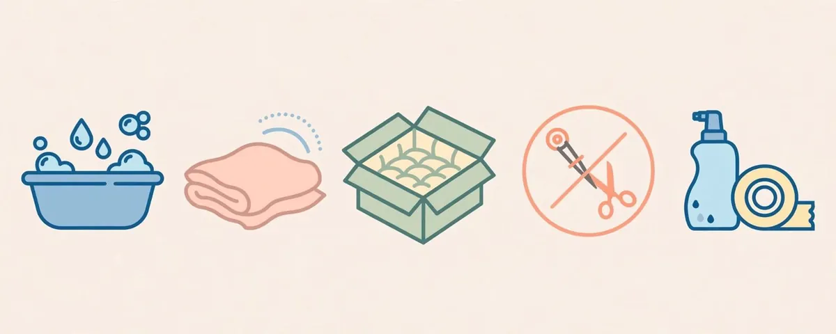 Breast form care icons: wash in soapy water, pat dry with a towel, store in a padded box, keep away from pins and scissors, clean adhesive with the maker's cleaner and tape