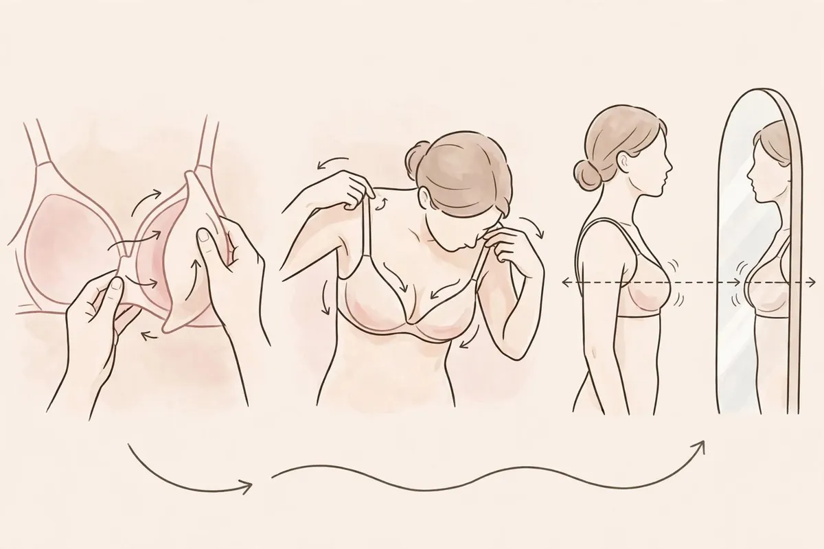 Three steps to wear breast forms: slide the form into the bra cup, lean forward and adjust the straps, then check the side view in a mirror