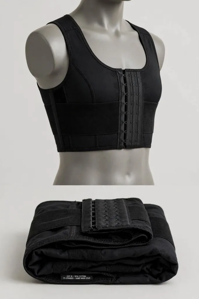 A black chest binder shown on a mannequin and folded