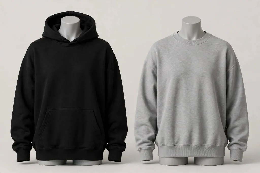 A black hoodie and a grey sweatshirt shown on mannequins