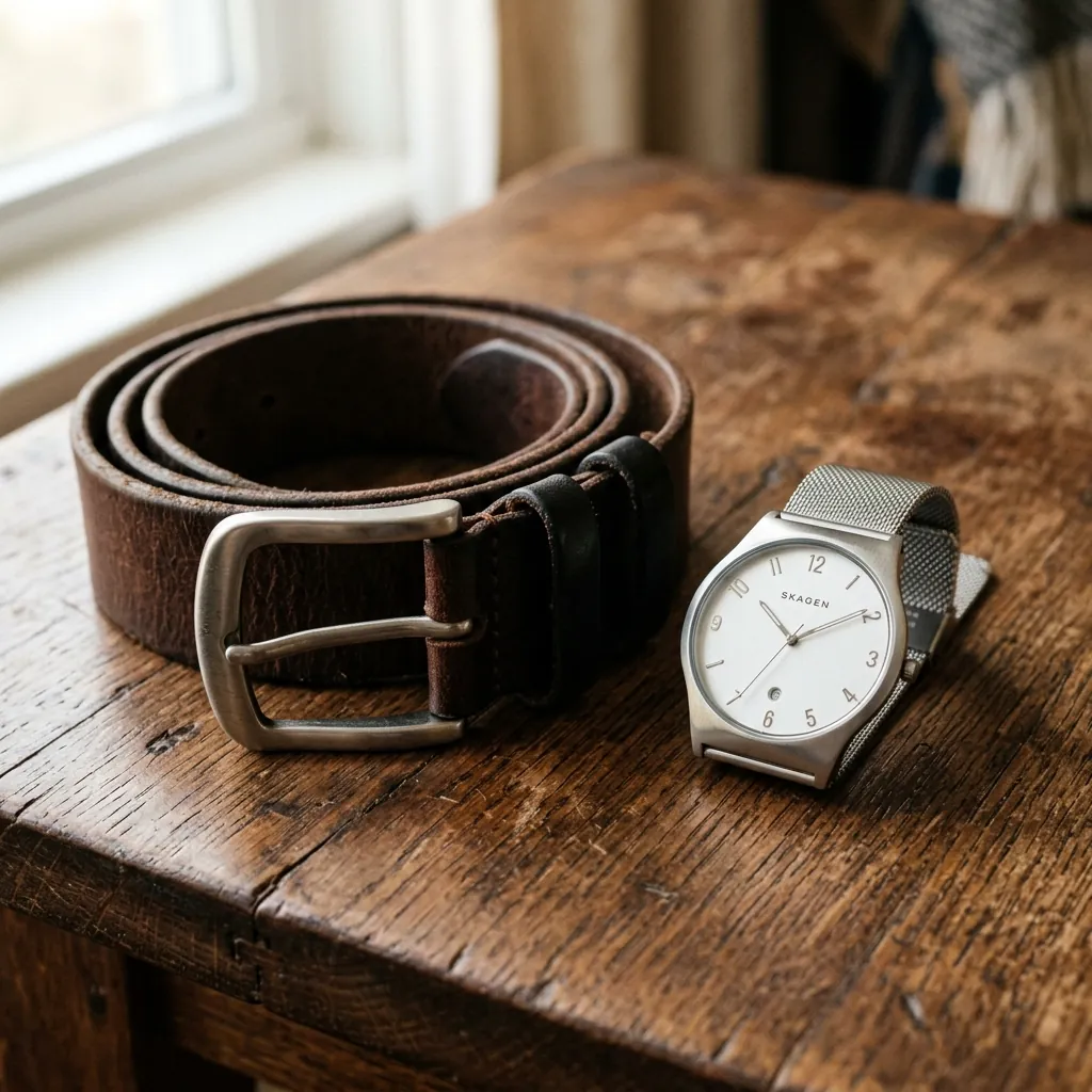 A simple leather men's belt and a minimal metal watch