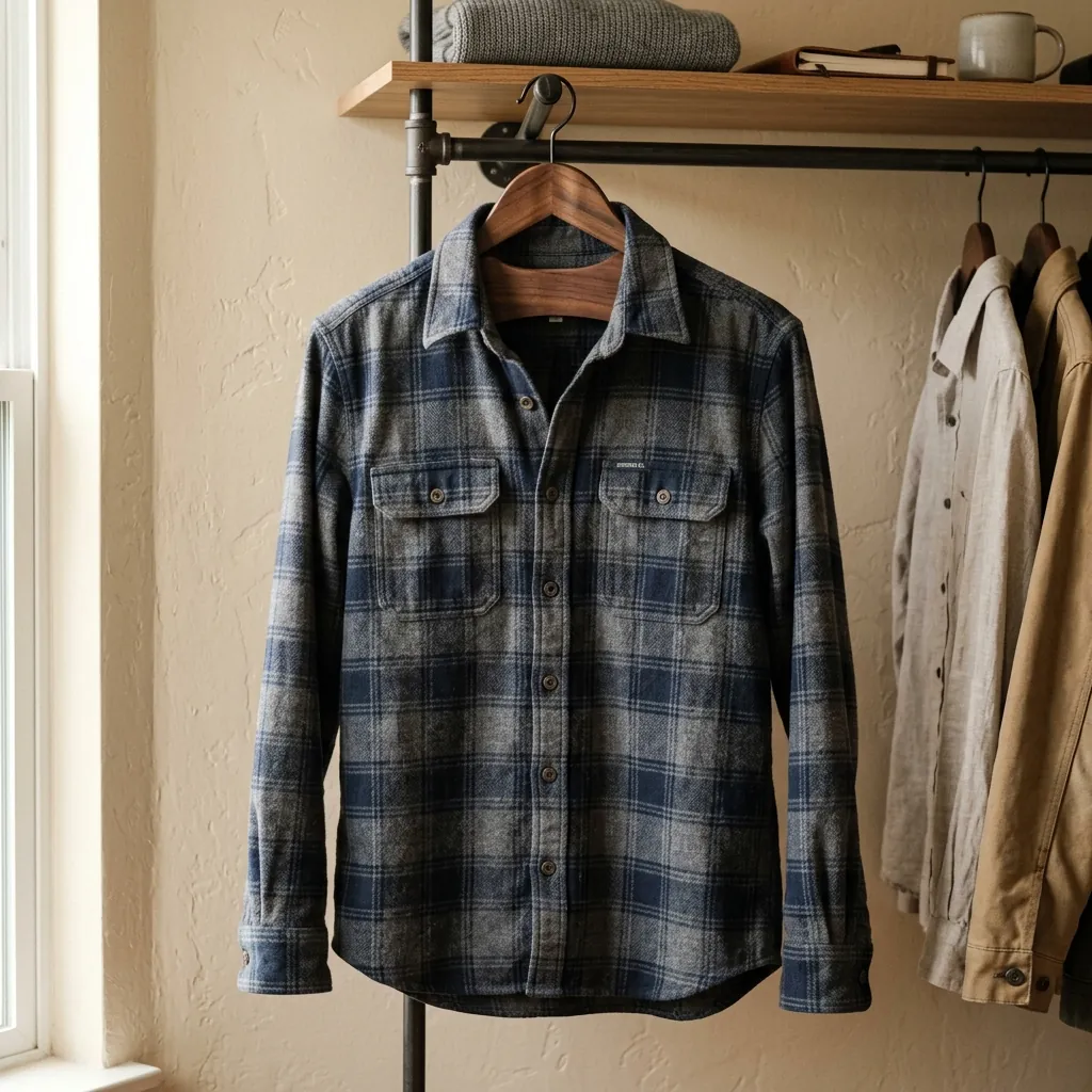 A classic casual button-up overshirt hanging on a wooden hanger