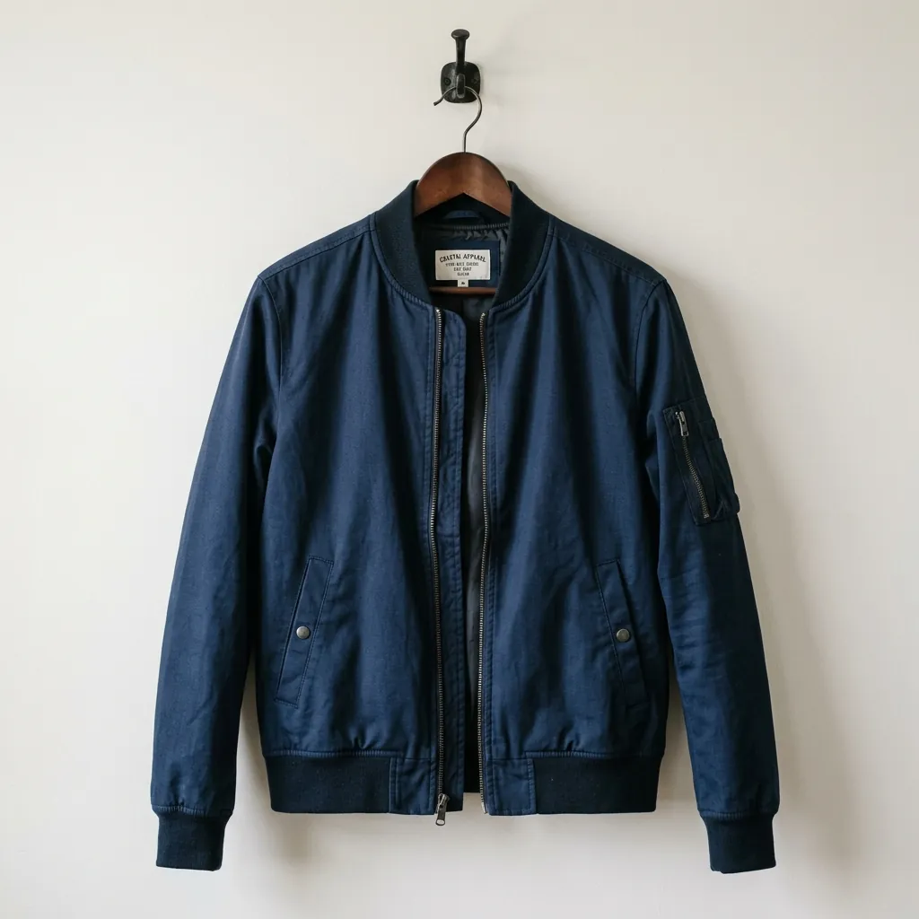 A structured men's bomber jacket hanging on a hook