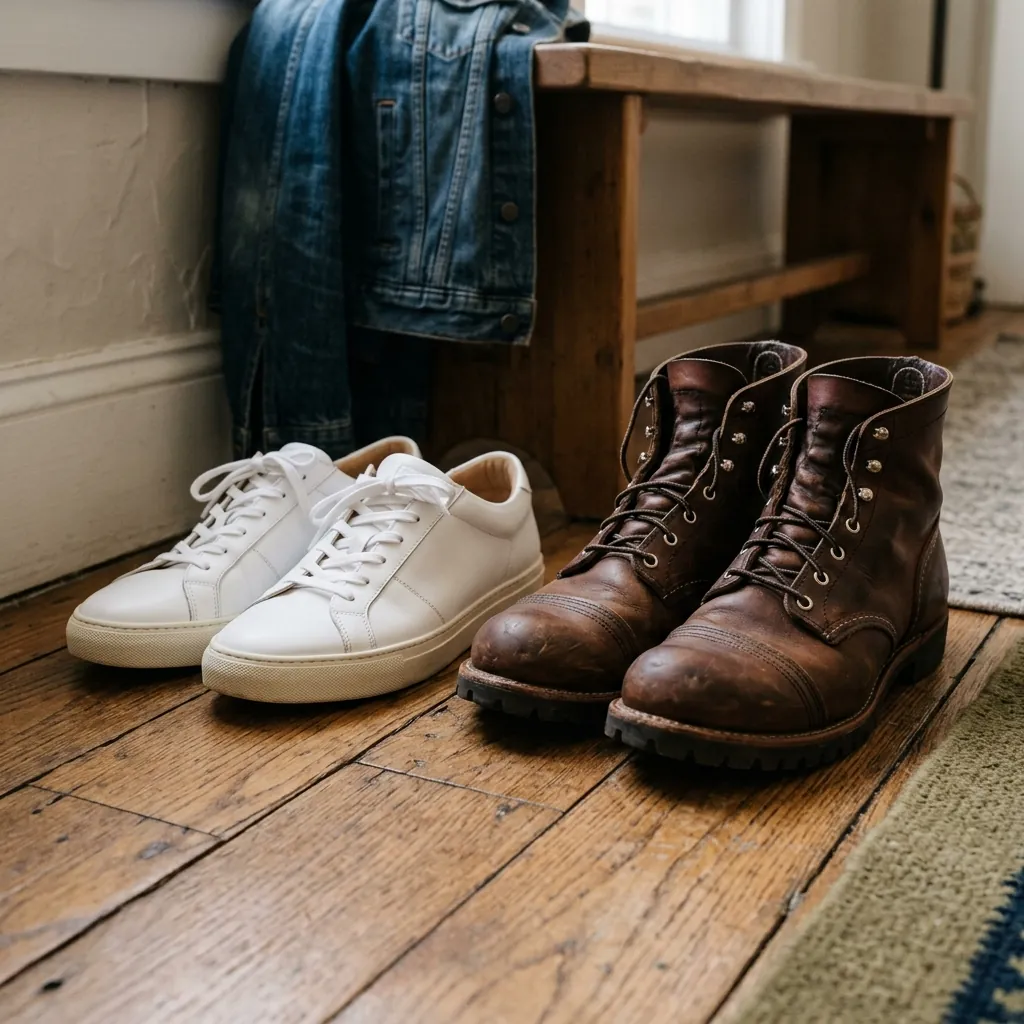 A pair of clean white men's sneakers next to casual boots