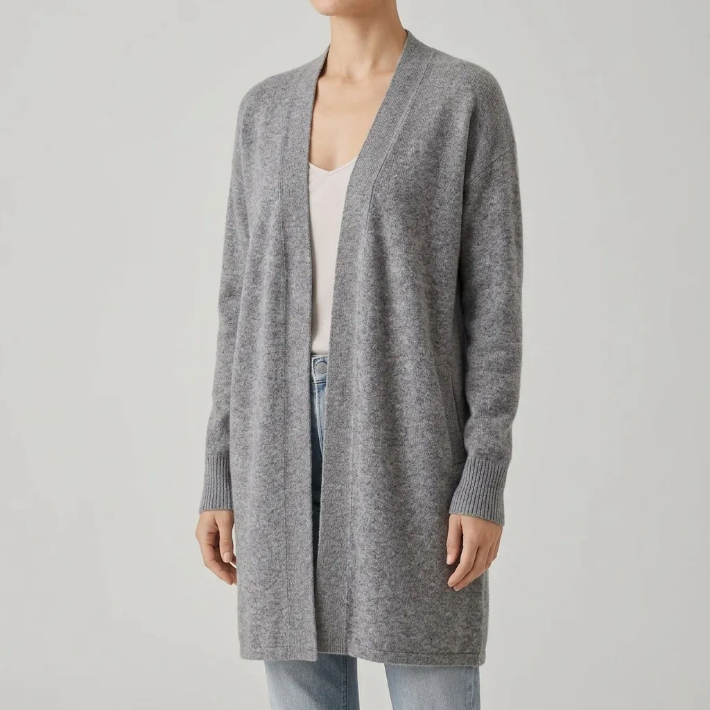 A long grey open knit cardigan