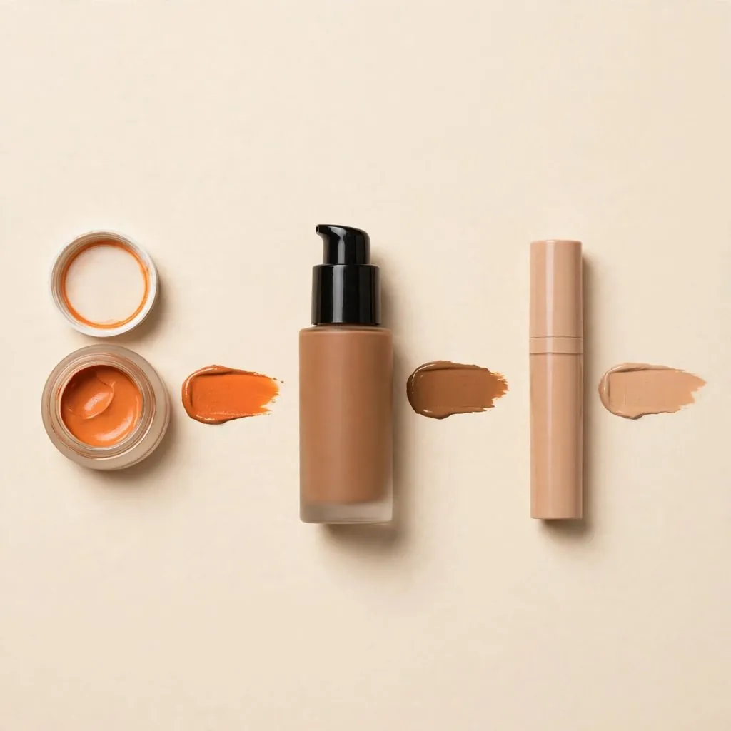 An orange colour corrector, foundation and concealer with swatches