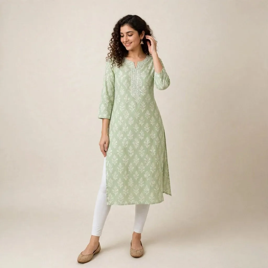 A mint green printed kurta with white leggings