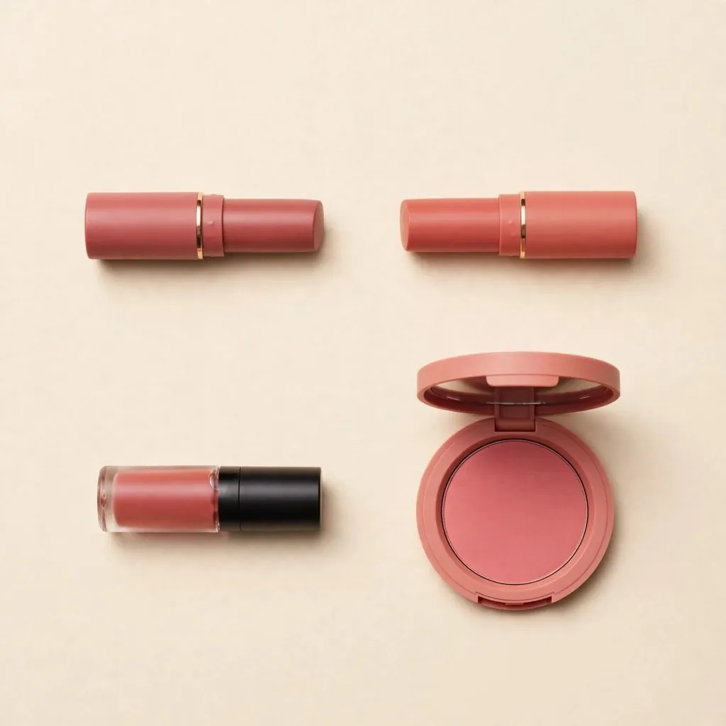 Rose lipsticks, a lip tint and a blush compact