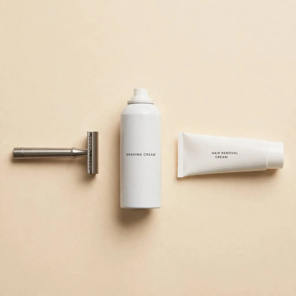 A safety razor, shaving cream and hair removal cream