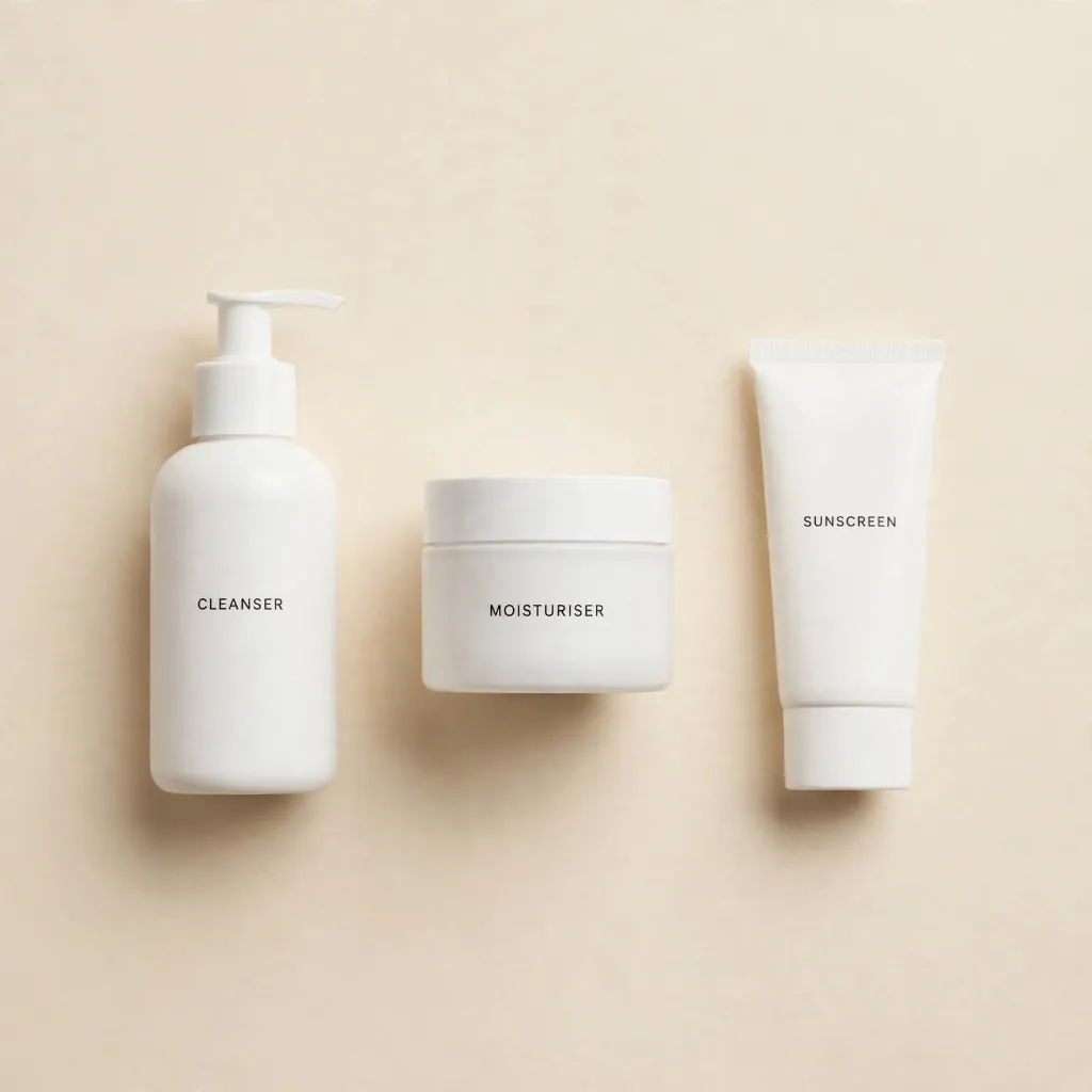 Cleanser, moisturiser and sunscreen