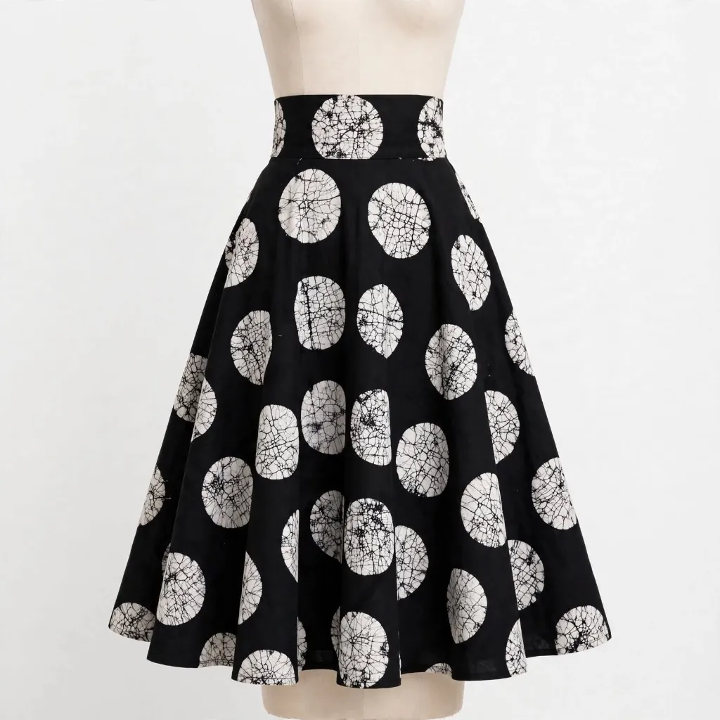 A black and white batik A-line skirt