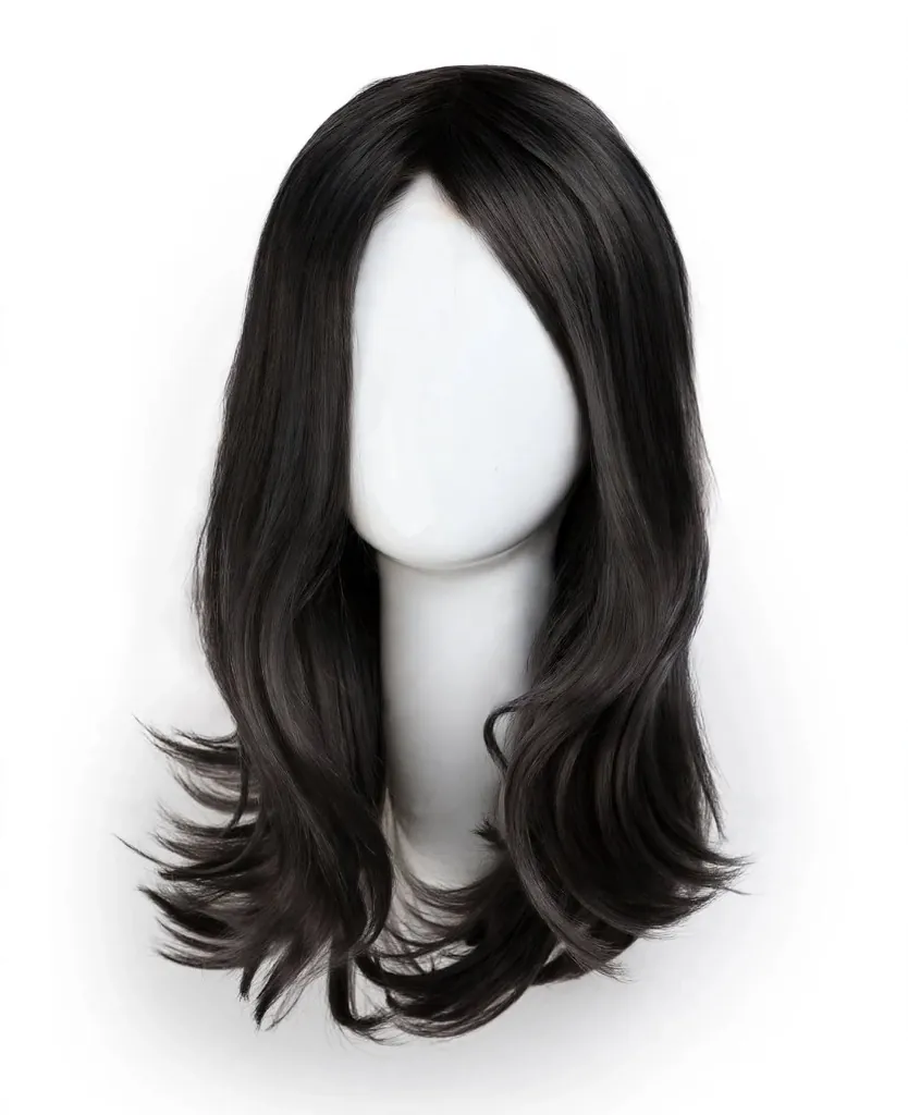 A long black wig on a stand