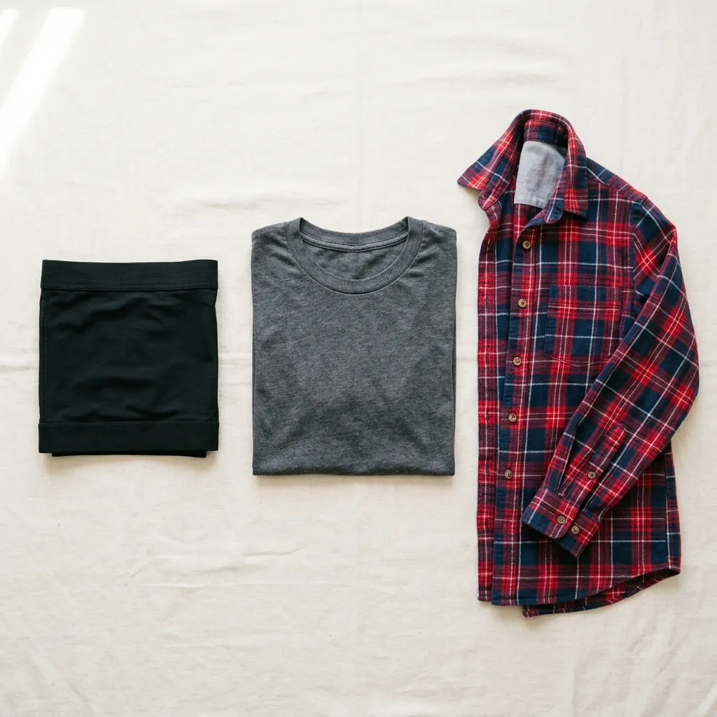 A folded chest binder next to a loose crew neck tee and an open flannel shirt