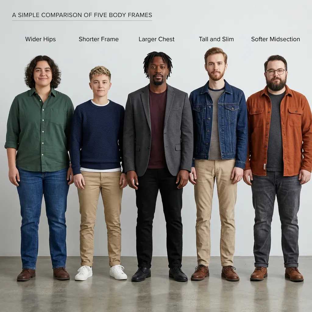 Five body frames side by side — wider hips, shorter frame, larger chest, tall and slim, and softer midsection — each dressed in a masculine silhouette