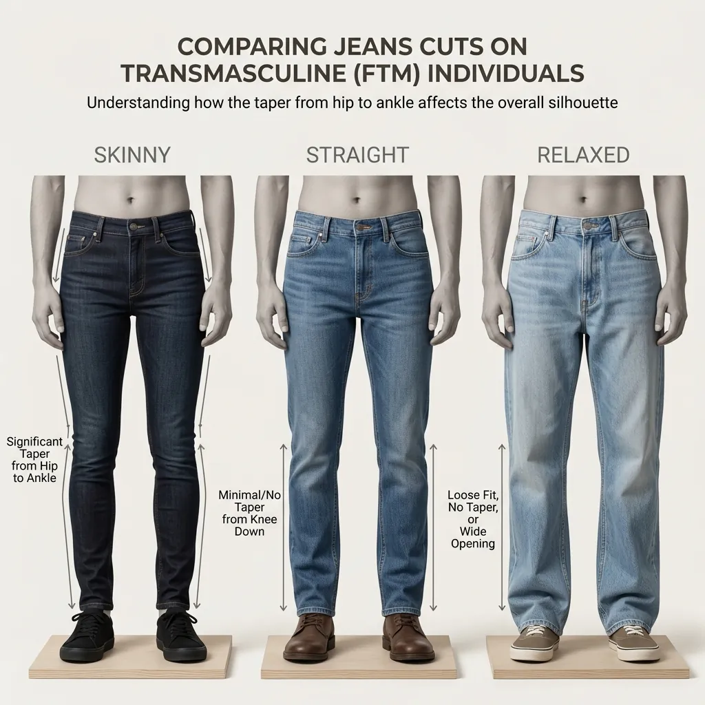 Comparison of skinny, straight and relaxed leg jeans showing how each taper affects the line from hip to ankle