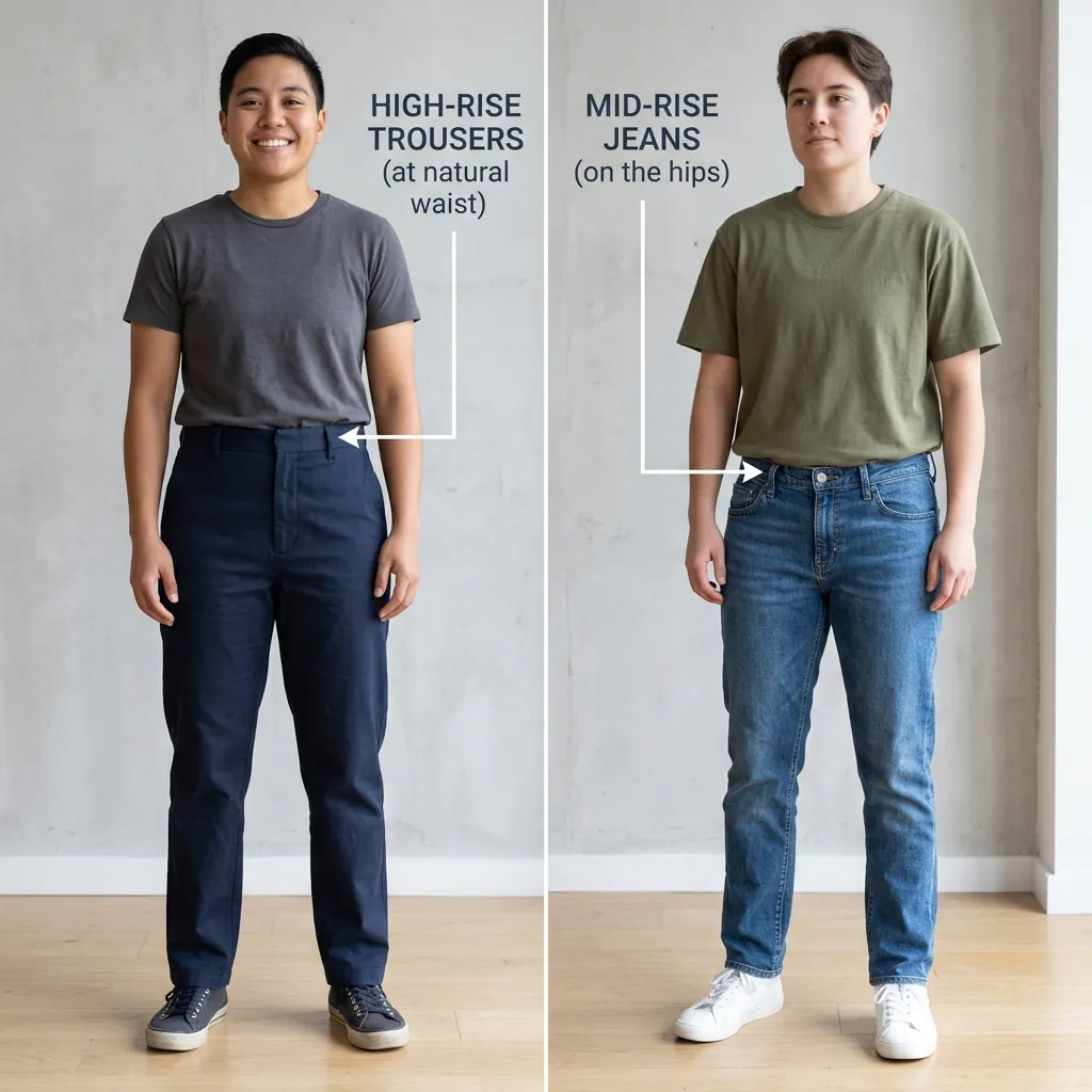 Side by side comparison of high-rise trousers sitting at the natural waist and men's mid-rise jeans sitting lower on the hip