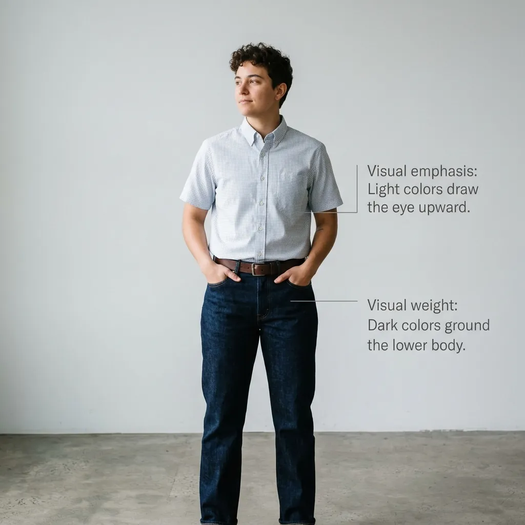 A pale patterned shirt paired with dark jeans, showing visual weight pushed toward the upper body