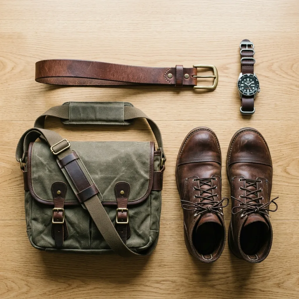 A leather belt, a chunky watch, lace-up boots and a canvas messenger bag arranged on a surface