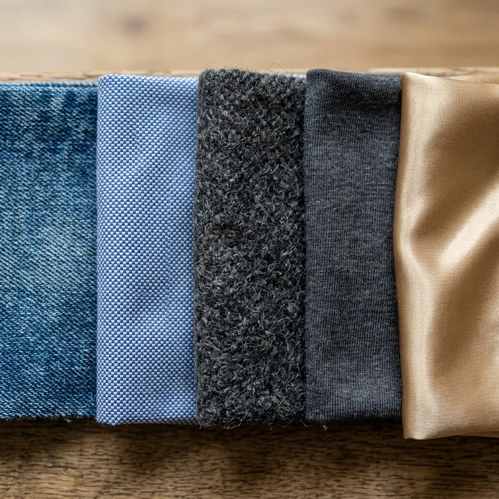 Close-up textures of oxford cloth, denim and wool next to thin drapey jersey and satin