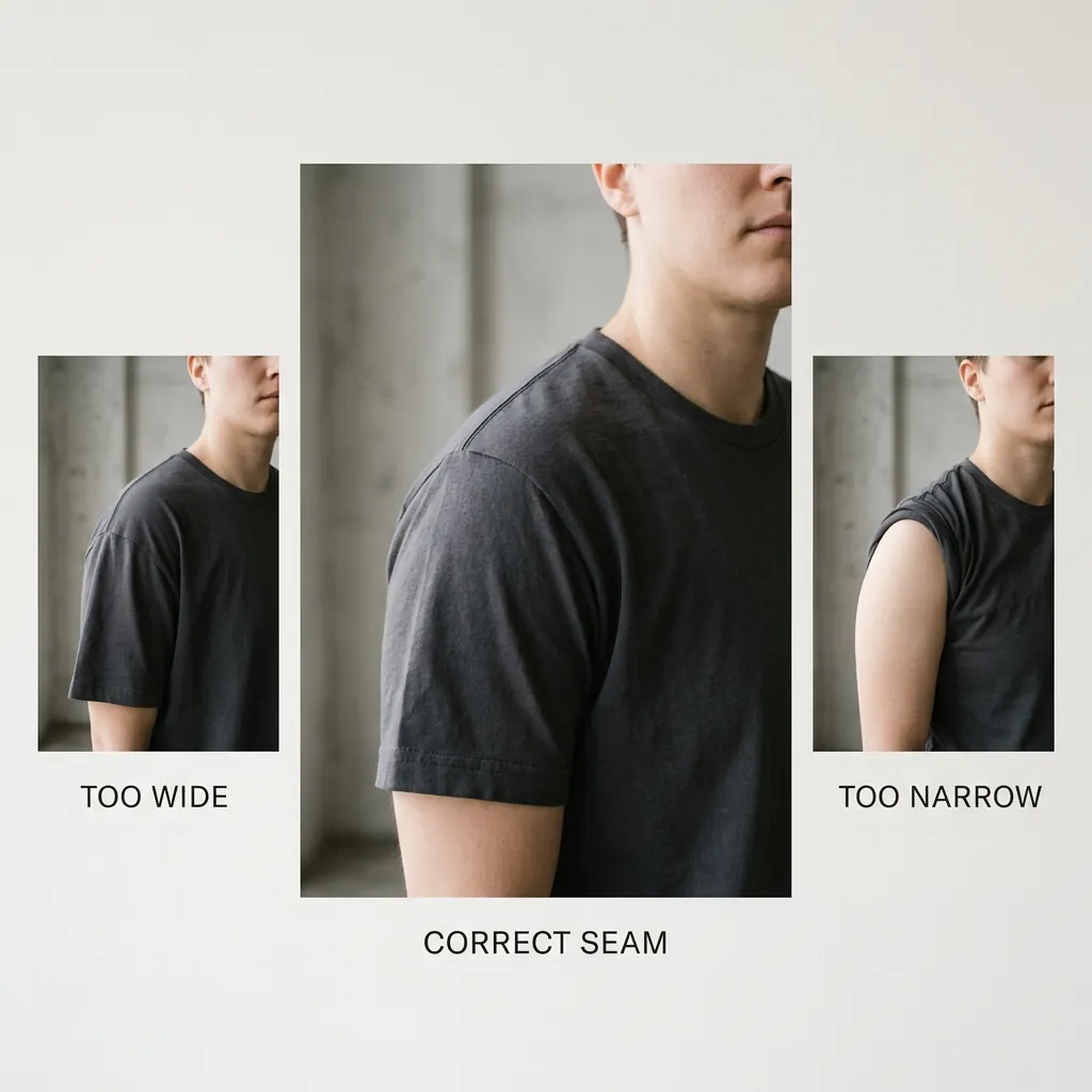 Diagram showing a shirt shoulder seam correctly ending at the edge of the shoulder bone, next to examples that are too wide and too narrow