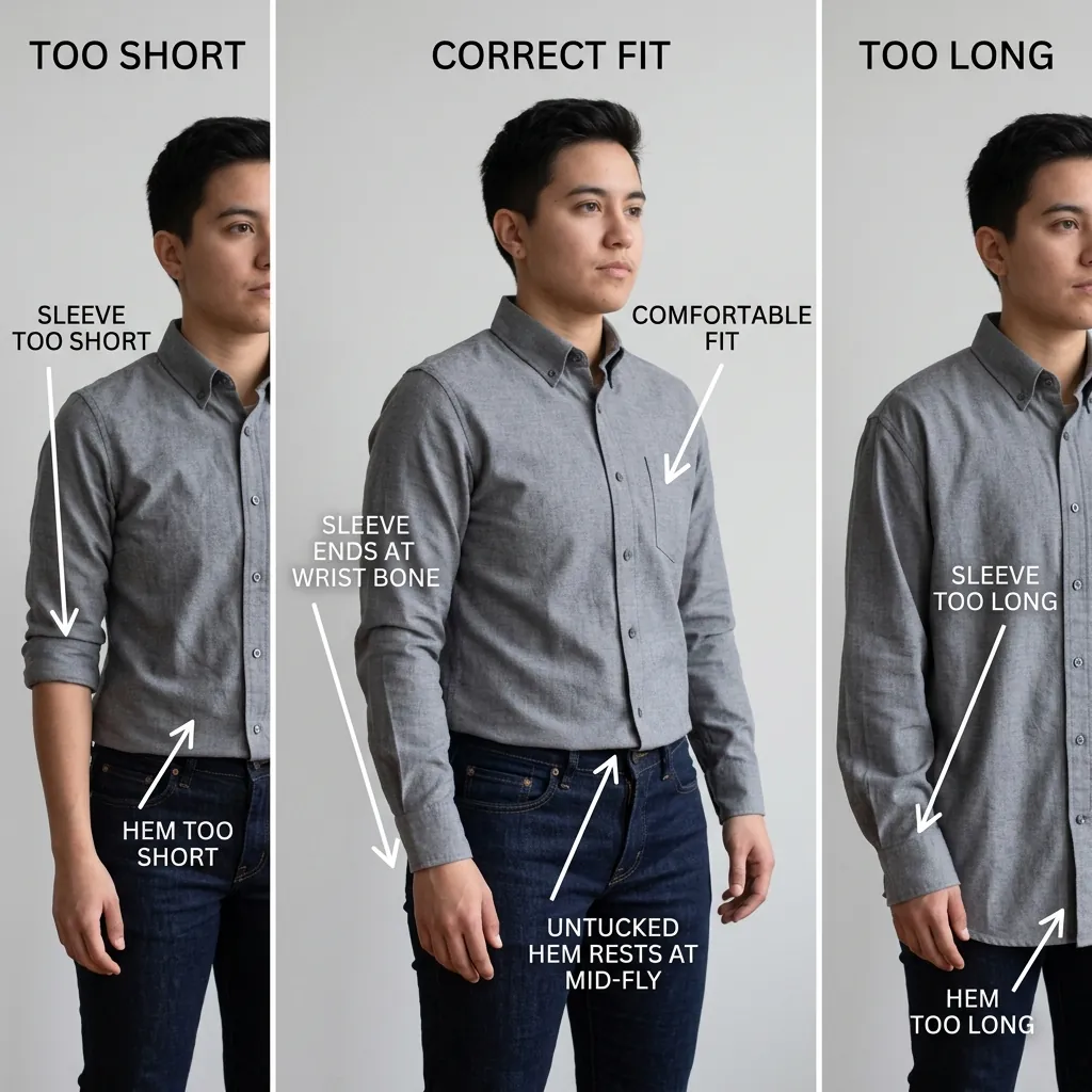 Diagram showing a shirt sleeve ending at the wrist bone and an untucked shirt hem ending at mid-fly, beside too-long and too-short examples