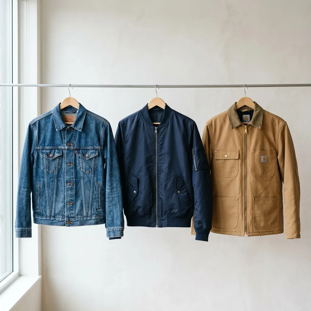 A denim jacket, bomber jacket and structured work jacket displayed side by side