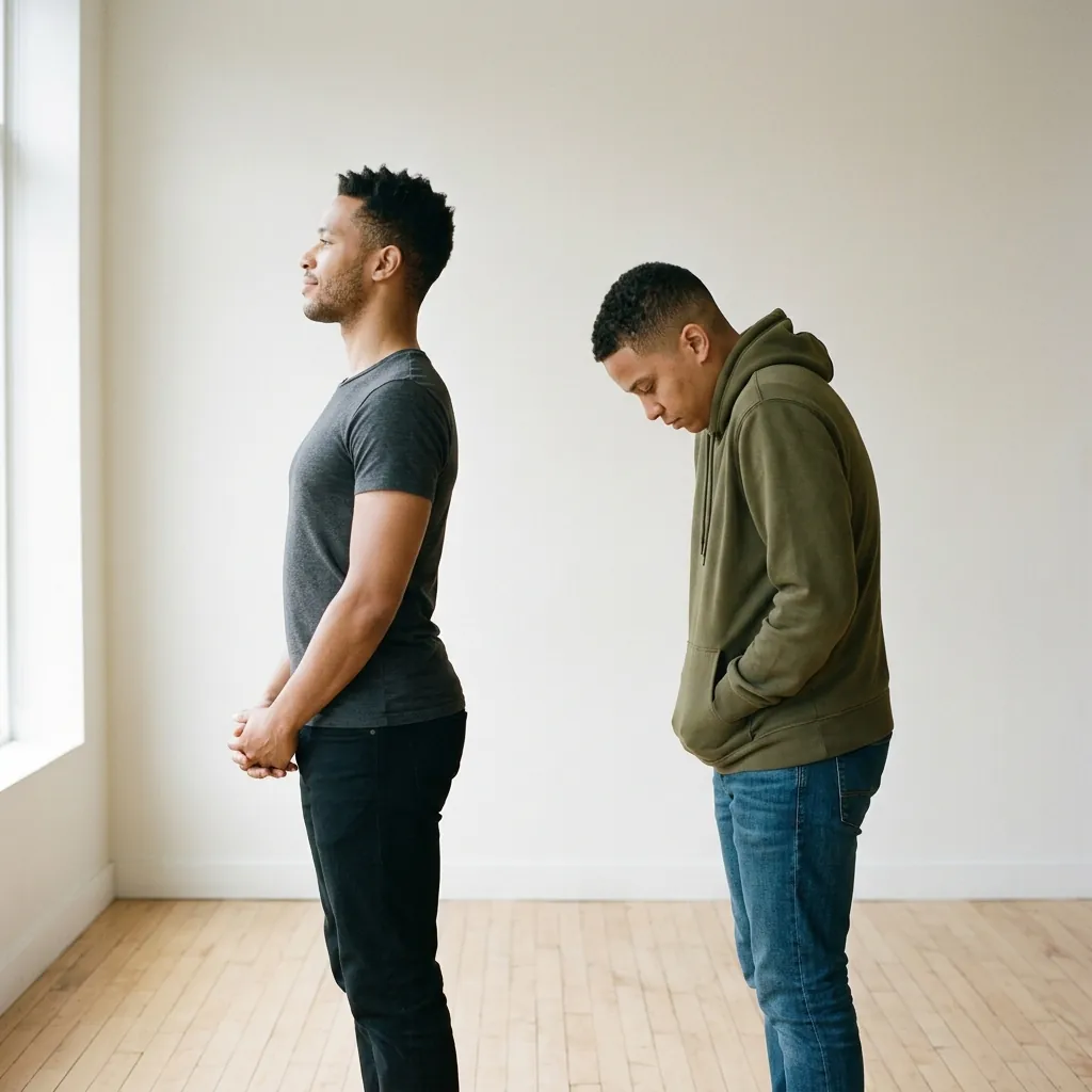 Comparison of shoulders rolled back and down opening the chest, next to a slouched posture collapsing the shoulders inward