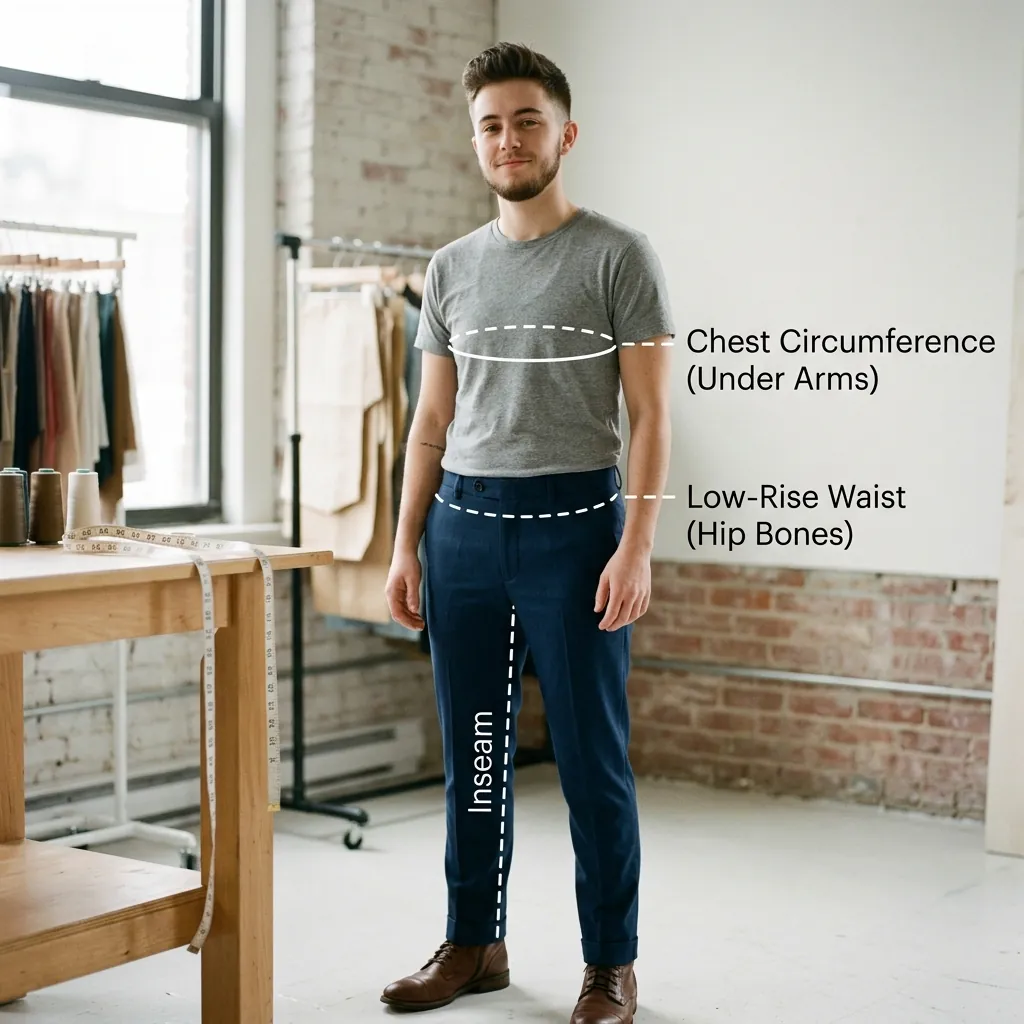 Diagram marking where to measure chest, men's trouser waist at the hip bones, and inseam