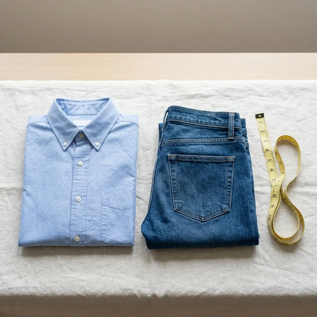 A soft measuring tape laid out beside a folded shirt and a pair of jeans