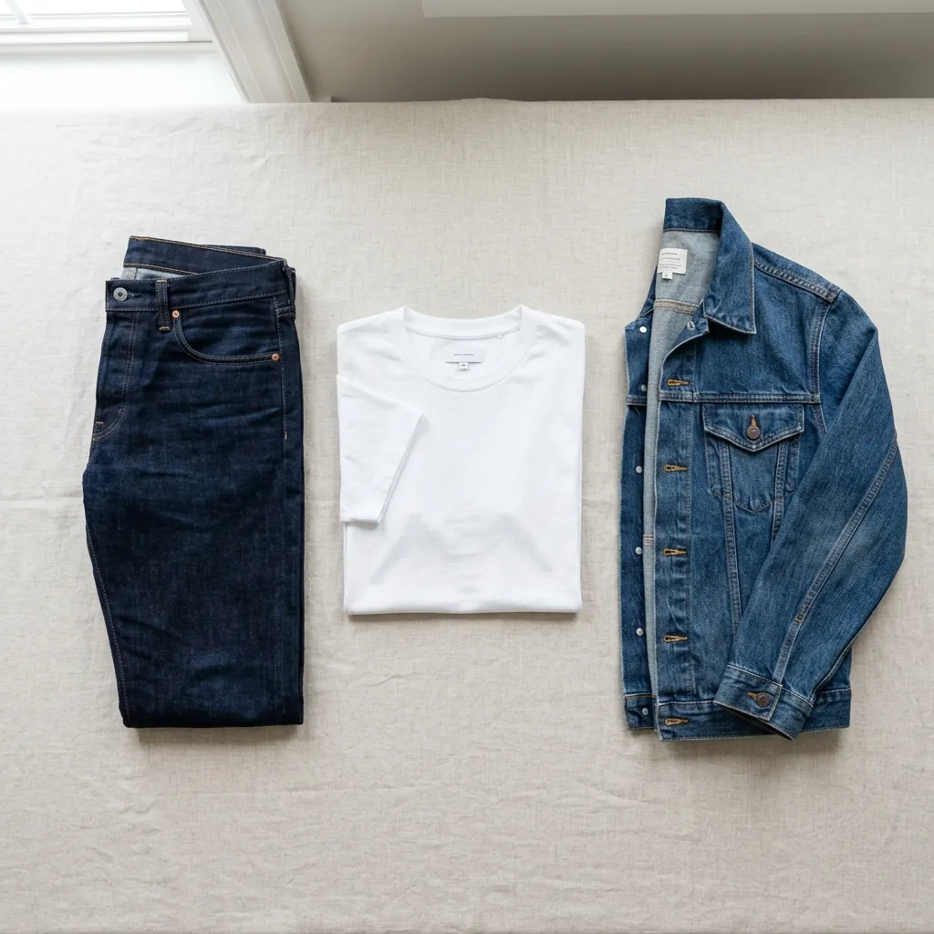 Three garments laid out together — dark straight-leg jeans, a plain crew neck tee and a structured open flannel layer