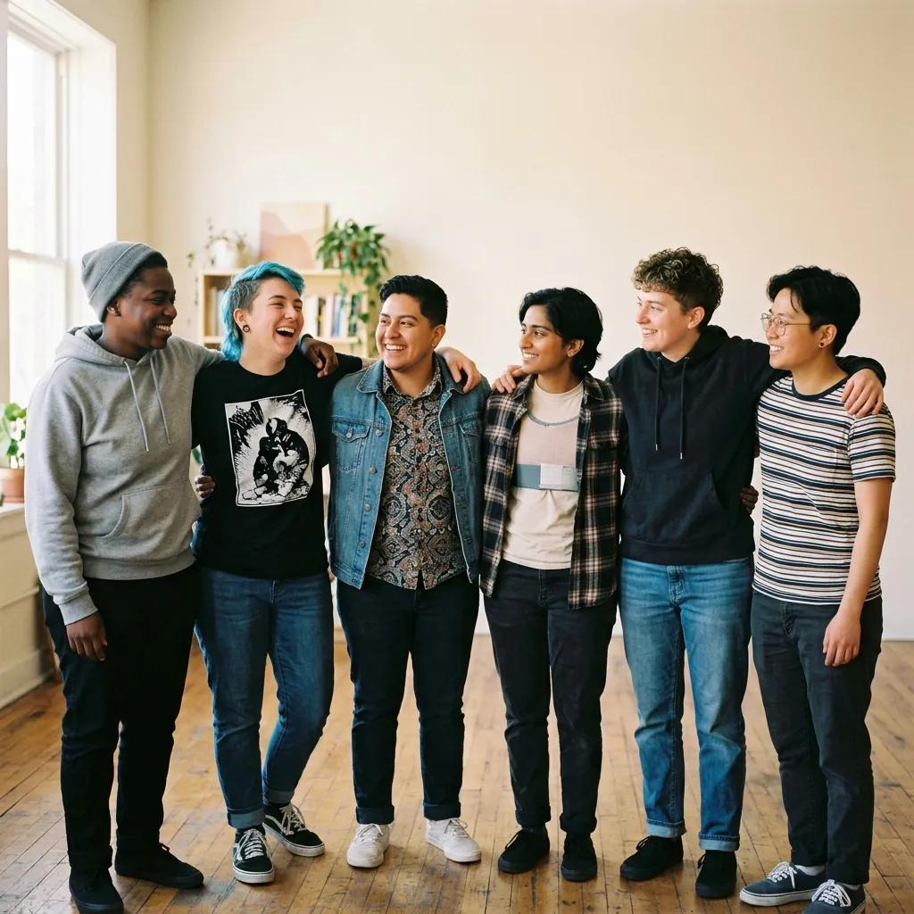 A diverse group of trans and gender-expansive people supporting one another