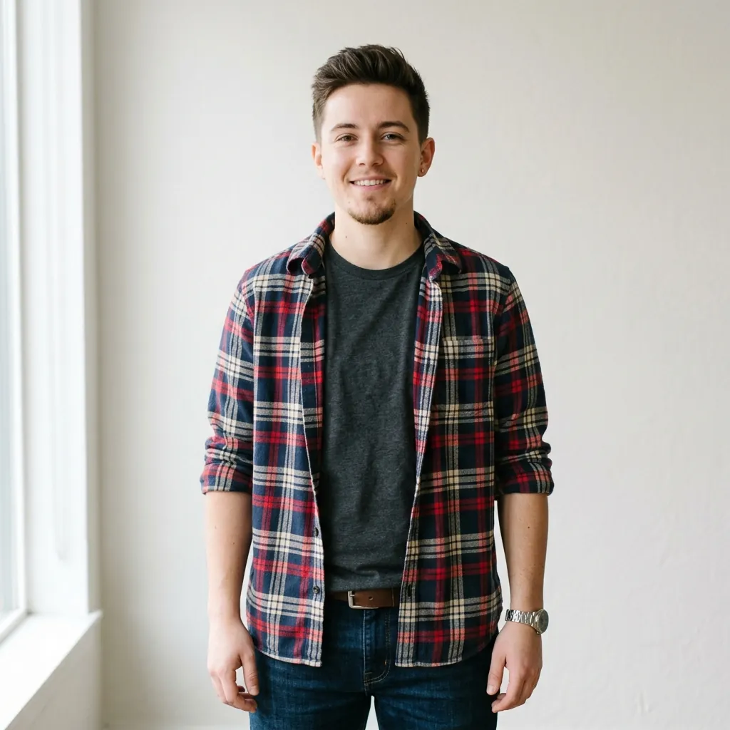 An open unbuttoned flannel shirt worn over a plain crew neck tee, showing how layering creates straight vertical lines