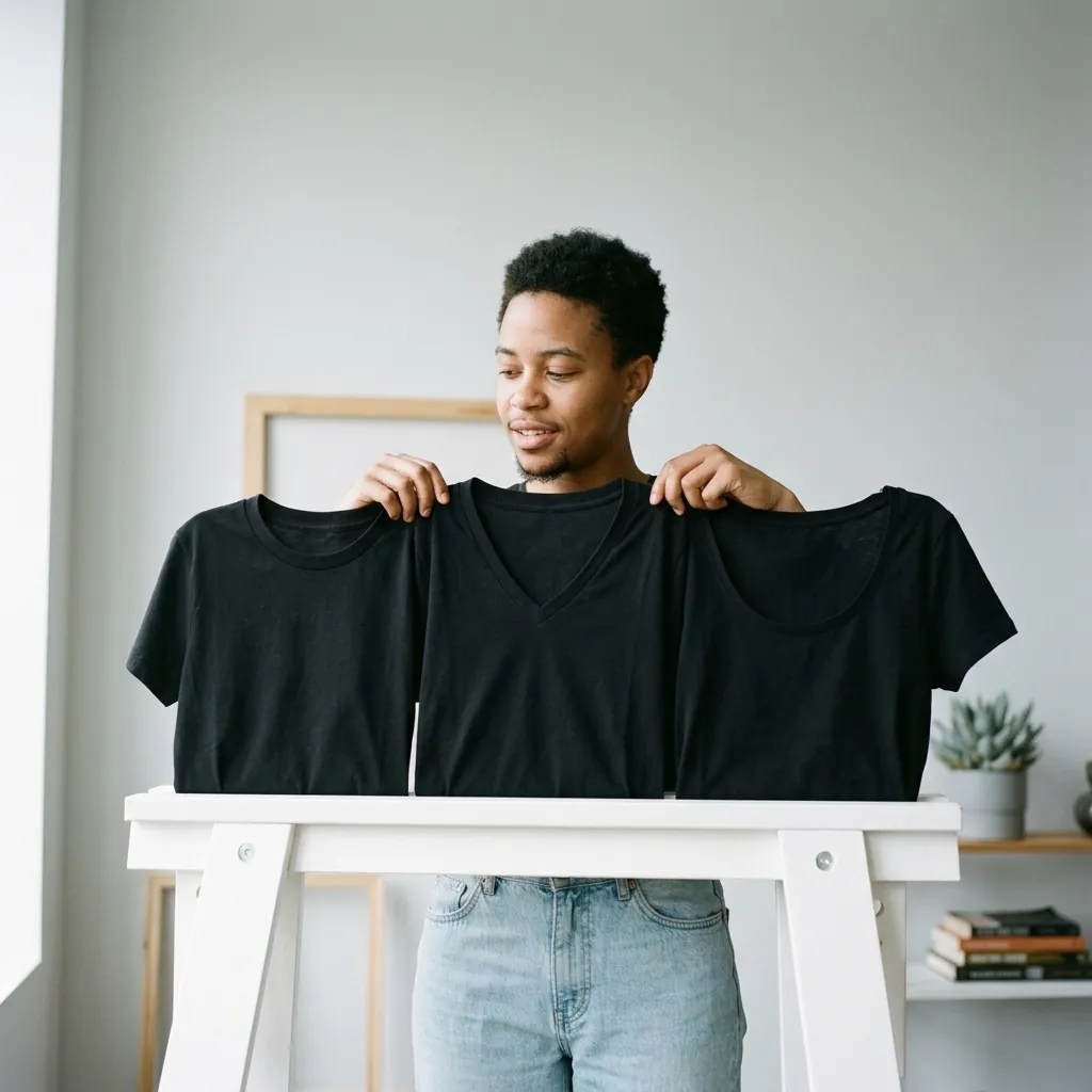Comparison of a crew neck, a deep V-neck and a scoop neck shirt showing how each frames the chest and collarbone