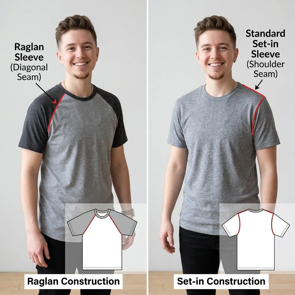 Diagram comparing a raglan sleeve seam running diagonally from collar to underarm with a standard set-in shoulder seam