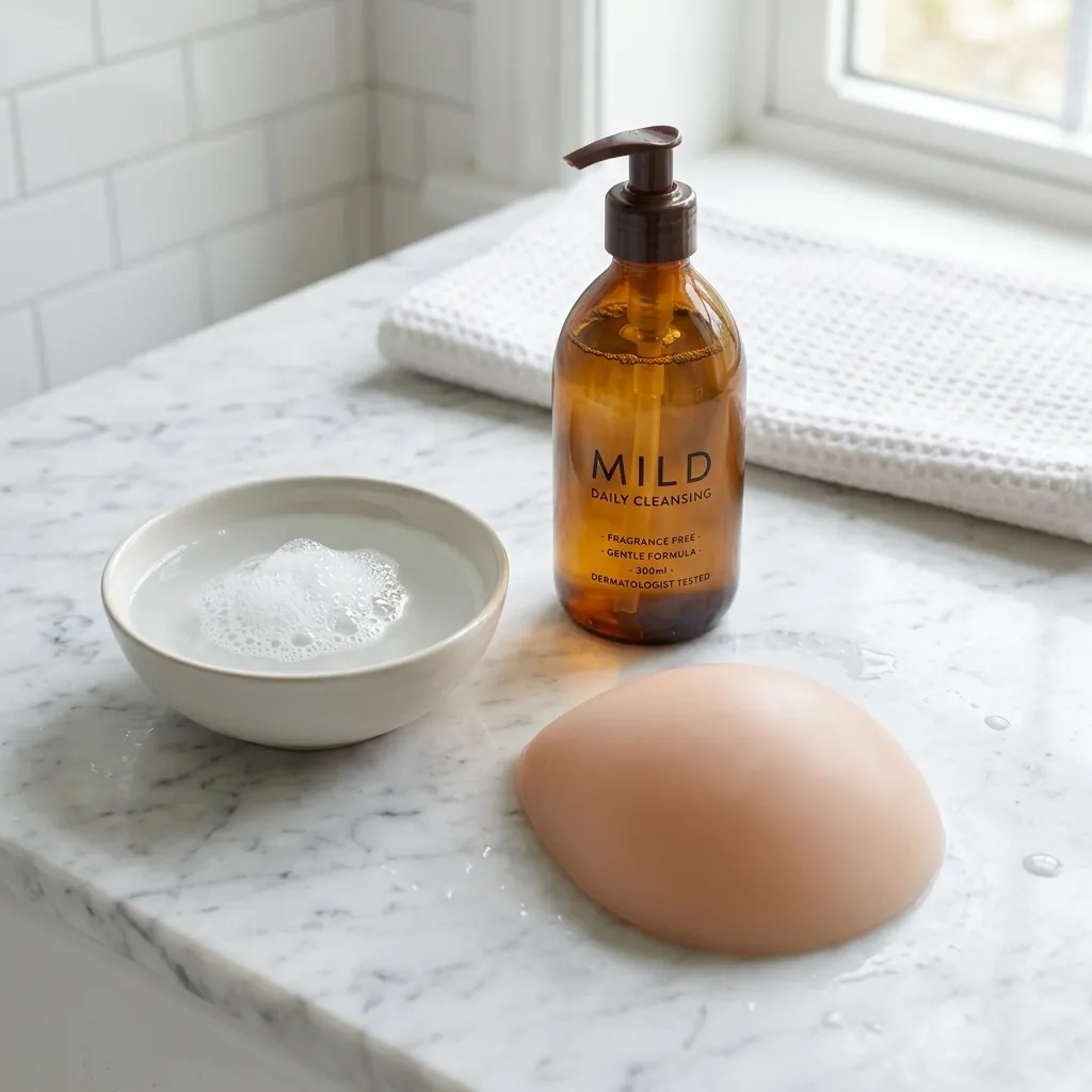 A silicone packing prosthetic being gently cleaned with mild soap and warm water