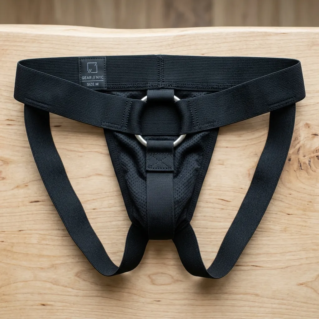 A modern elastic jockstrap-style packing harness with a front O-ring