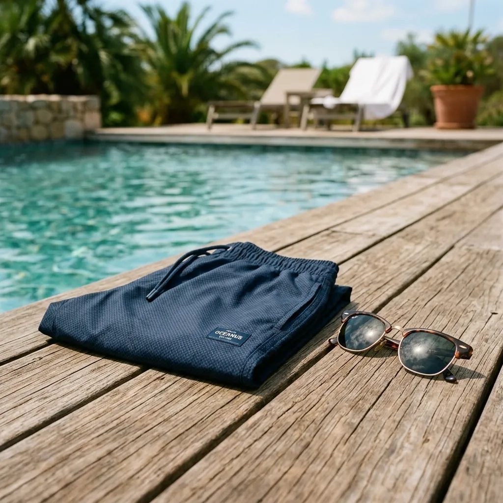 A pair of quick-dry swim trunks with an internal pocket designed for packing