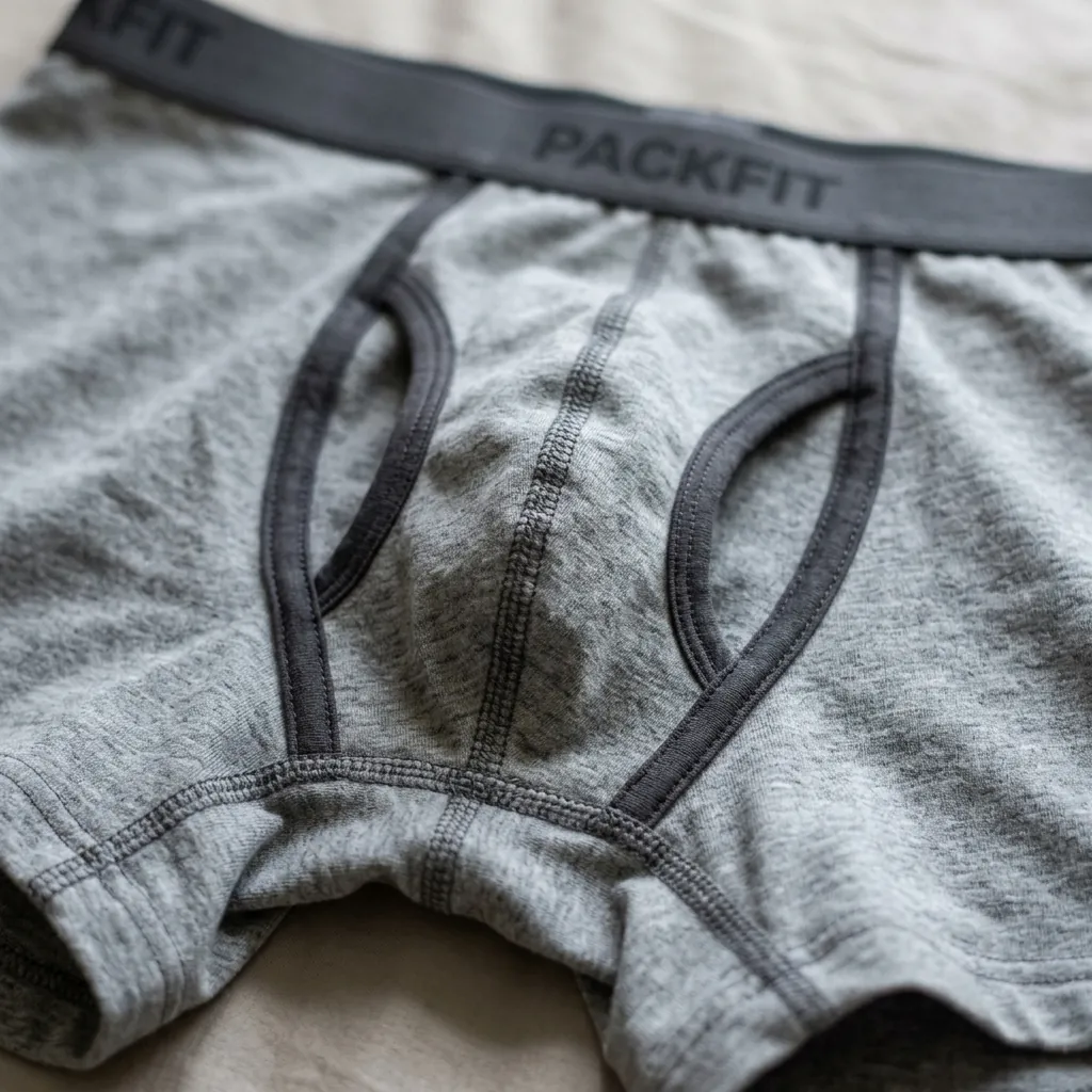 Close-up of the internal front pouch in packing boxer briefs