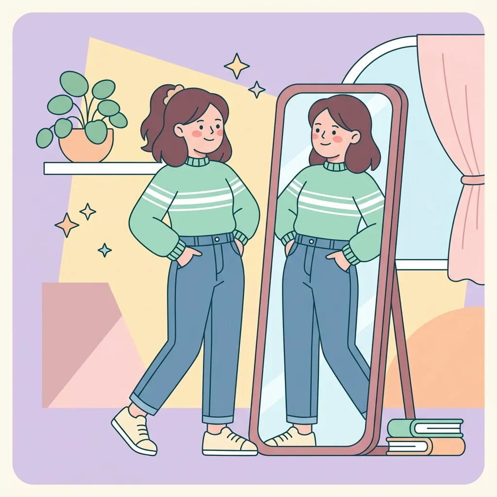 A calm, happy person looking into a mirror, feeling confident