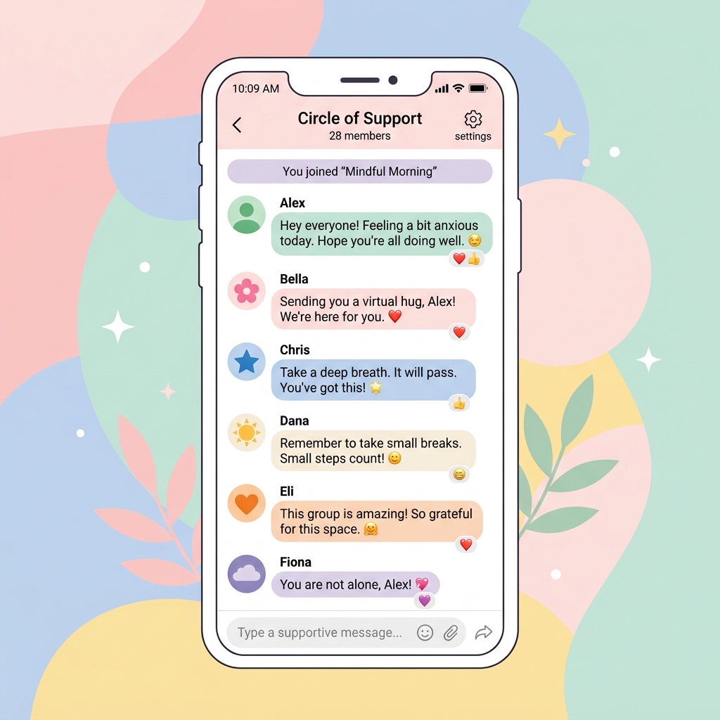 A smartphone screen displaying a private, supportive online community chat