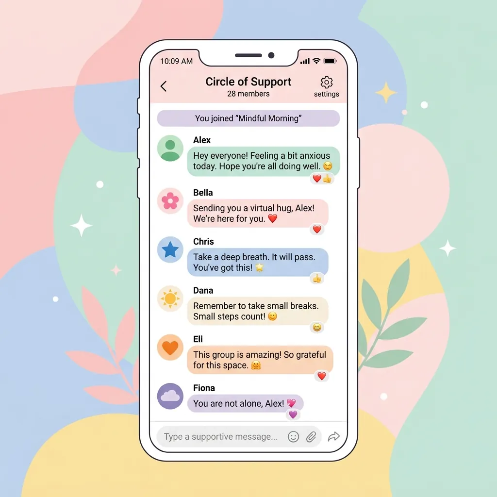 A smartphone screen displaying a private, supportive online community chat