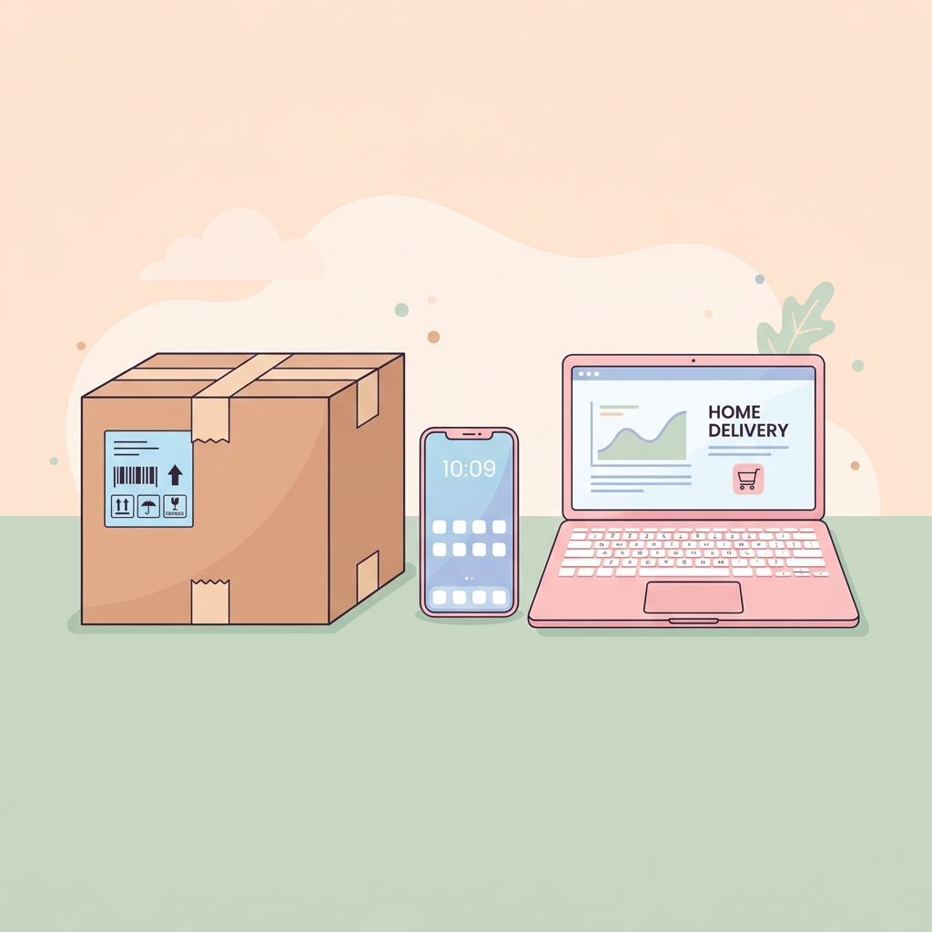A plain shipping box sitting next to a laptop