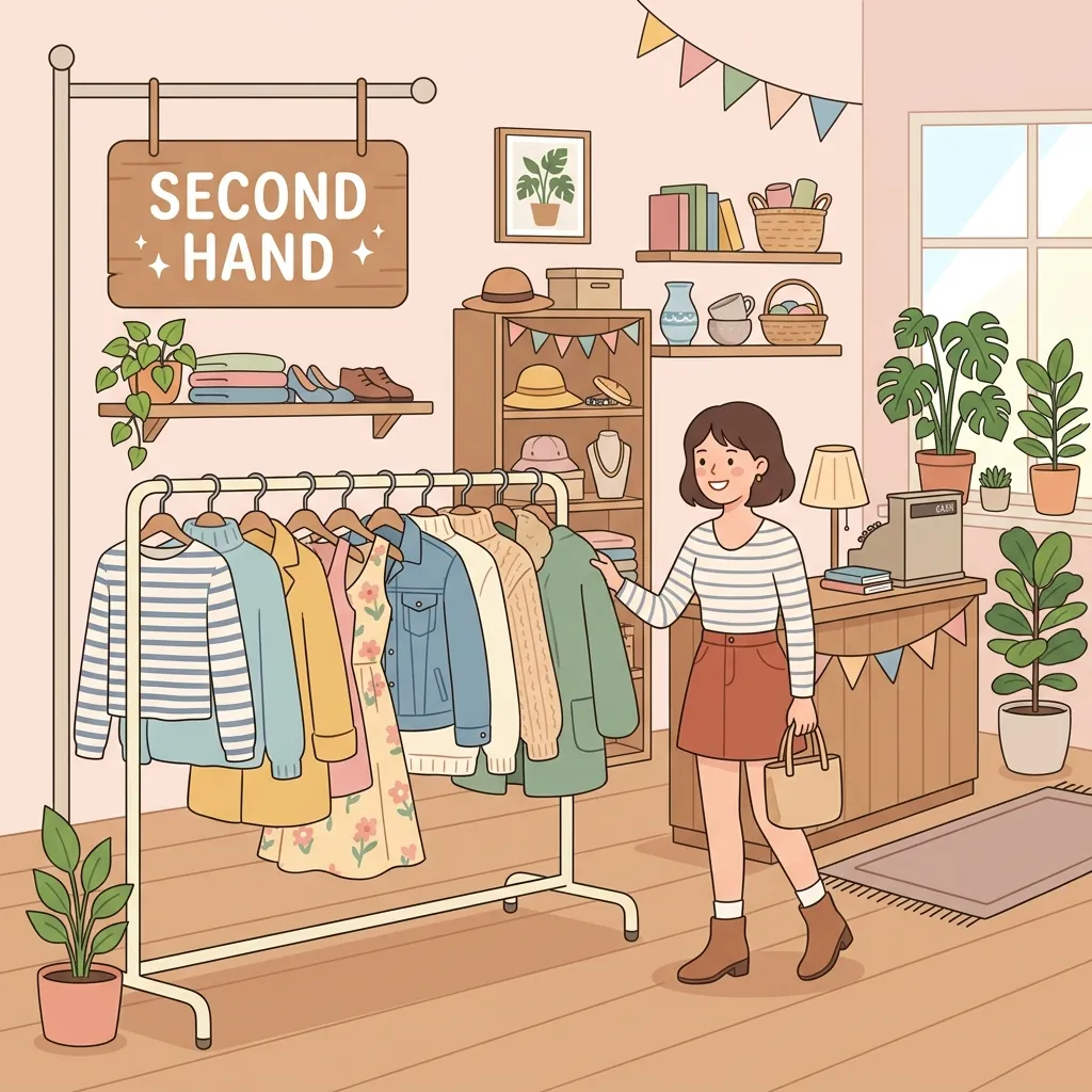 A cozy thrift store scene with a rack of vintage clothing