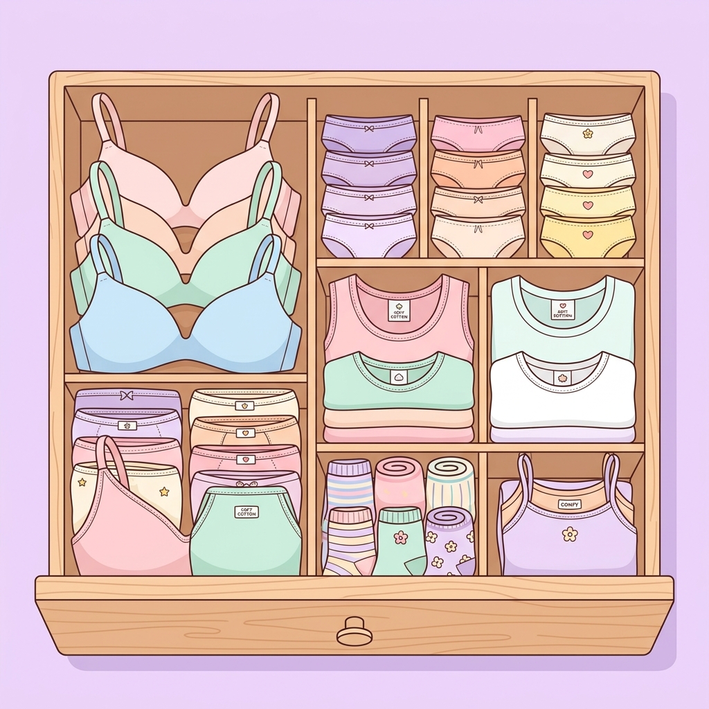 Neatly folded women's undergarments and basics in an organized drawer