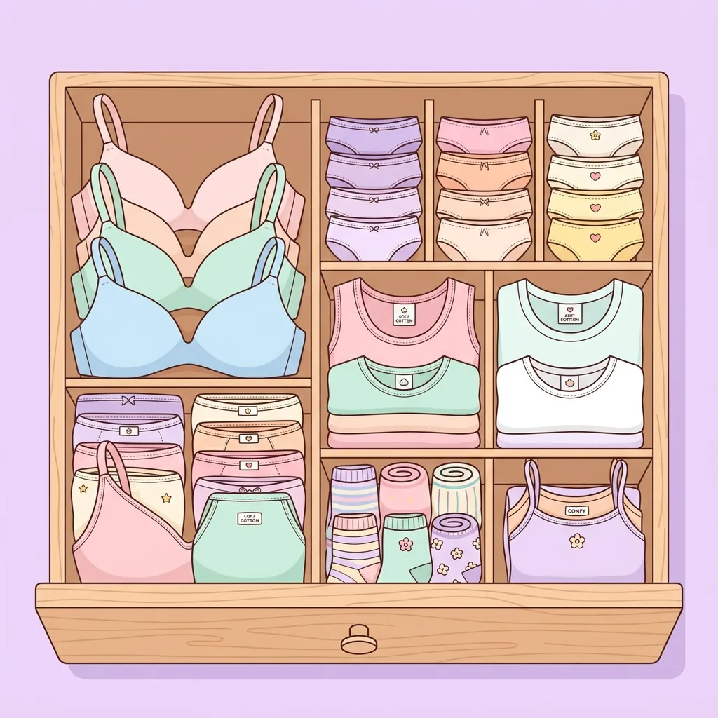 Neatly folded women's undergarments and basics in an organized drawer