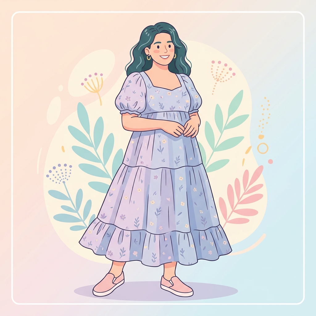 Stylized illustration of flowy clothing where tucking is not needed