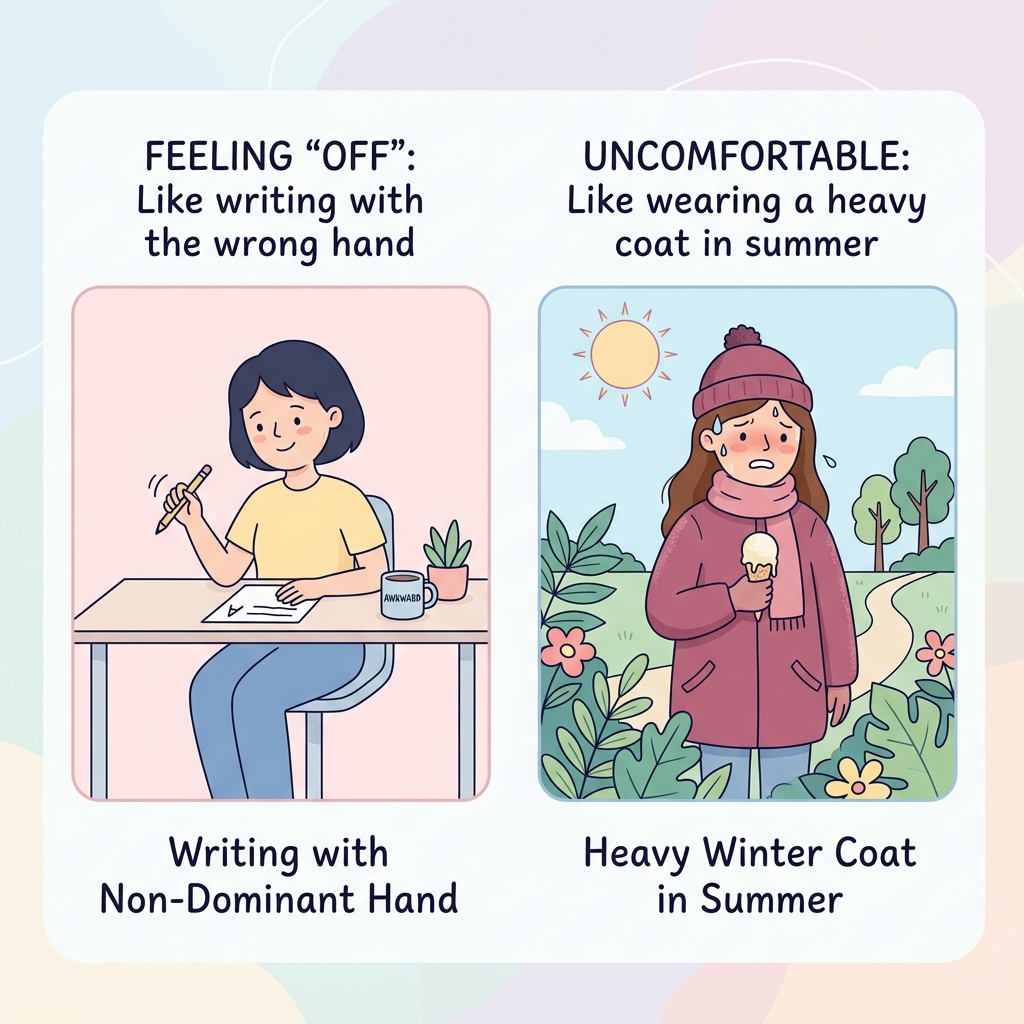 A 2D flat vector illustration showing relatable analogies for gender dysphoria like writing with a non-dominant hand