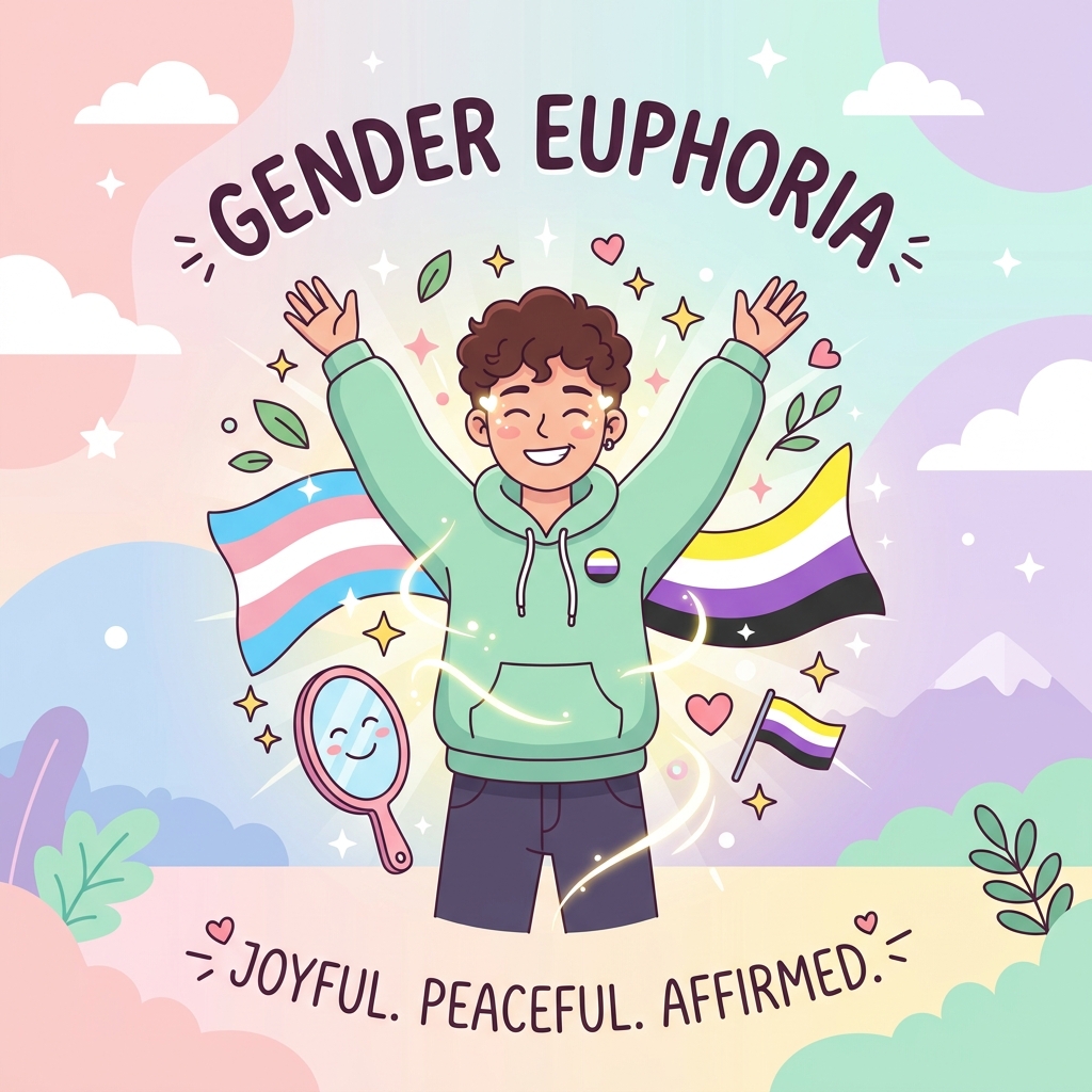 A 2D flat vector illustration representing gender euphoria and the joy of affirmation