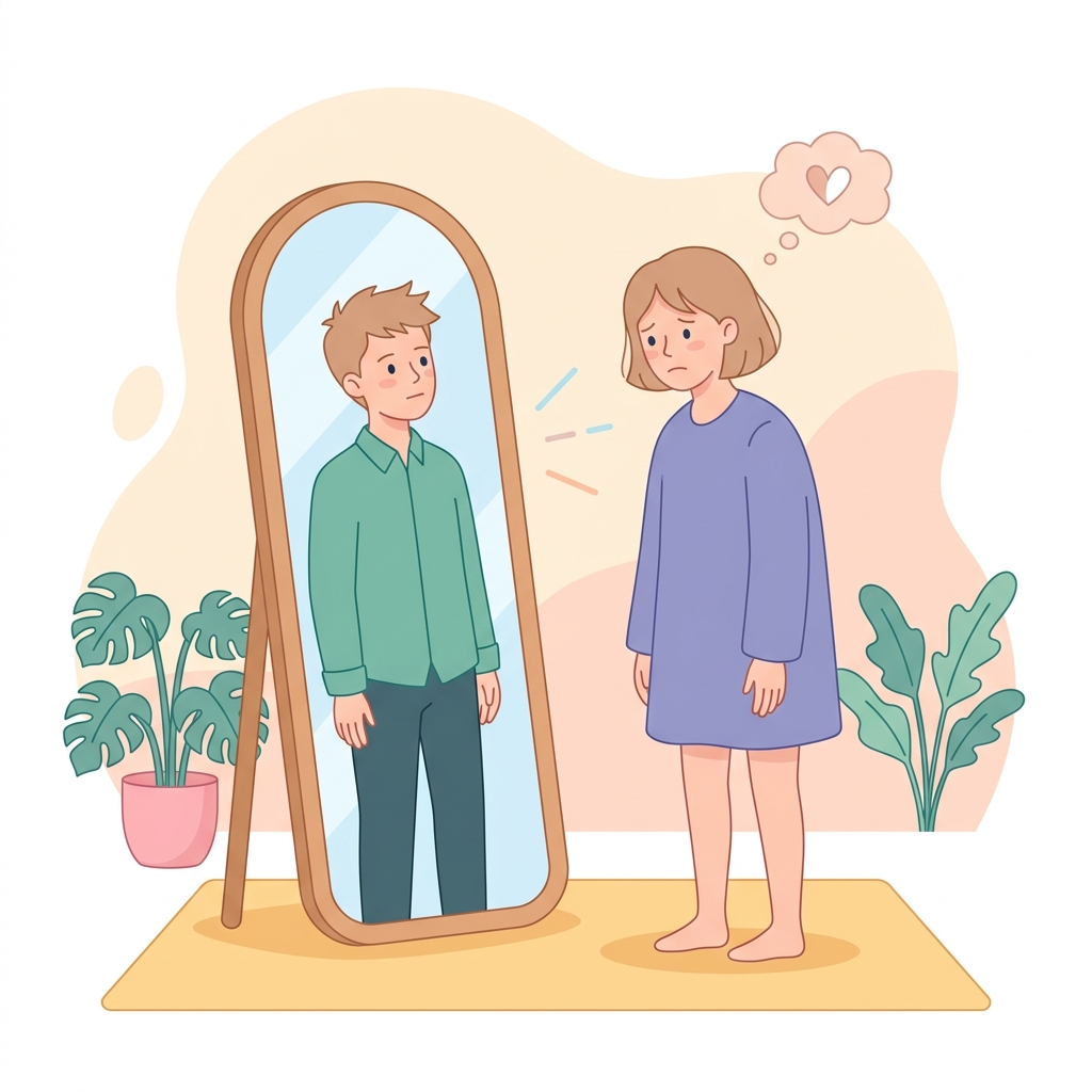 A beautiful, modern, flat vector illustration representing the concept of gender dysphoria and feeling out of alignment