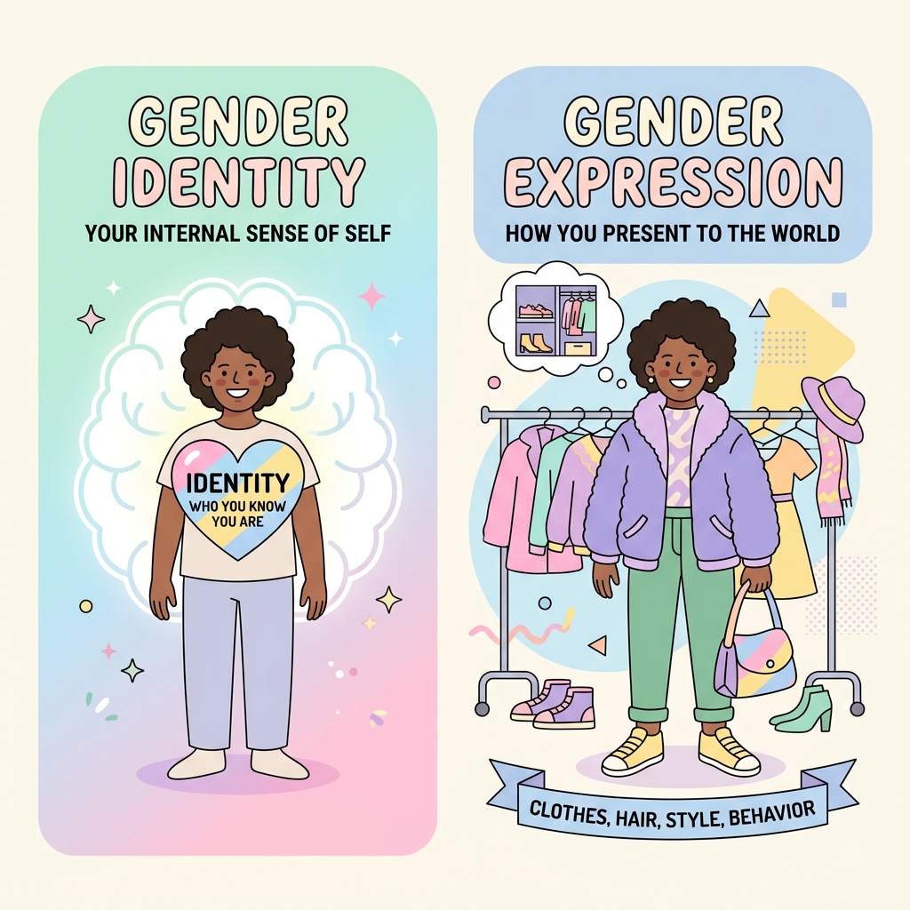 A 2D flat vector illustration showing the difference between gender identity and gender expression
